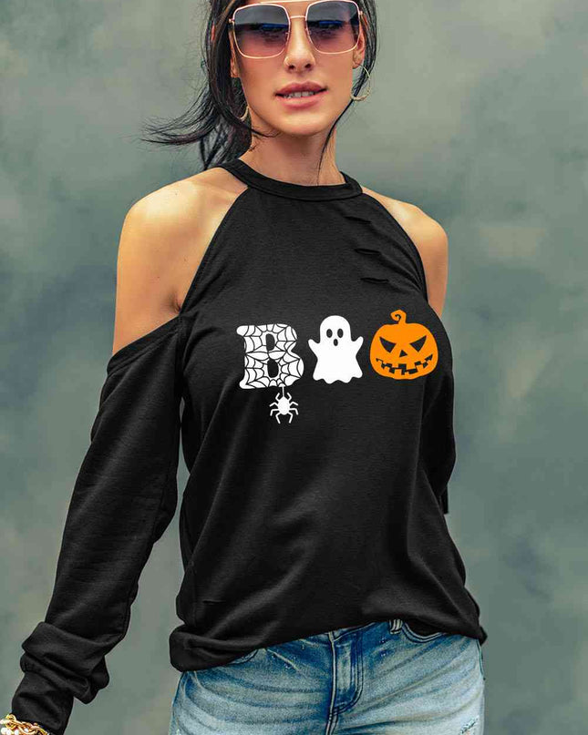 Cold Shoulder Boo Graphic Distressed Blouse