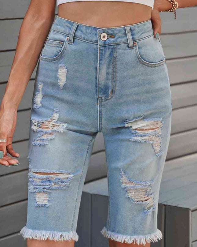 Distressed Raw Hem Denim Bermuda Shorts