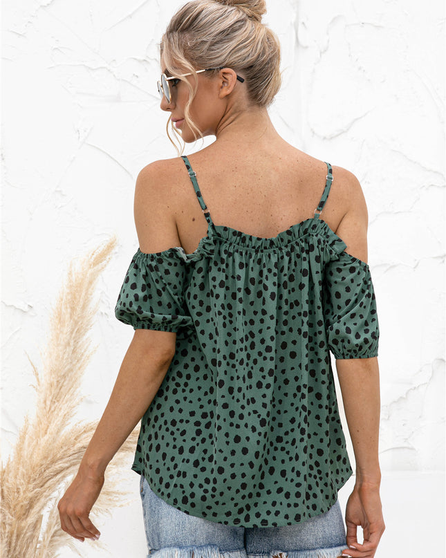 Printed Cold-Shoulder Frill Trim Blouse