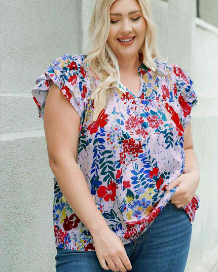 Plus Size Floral Smocked Flutter Sleeve Blouse