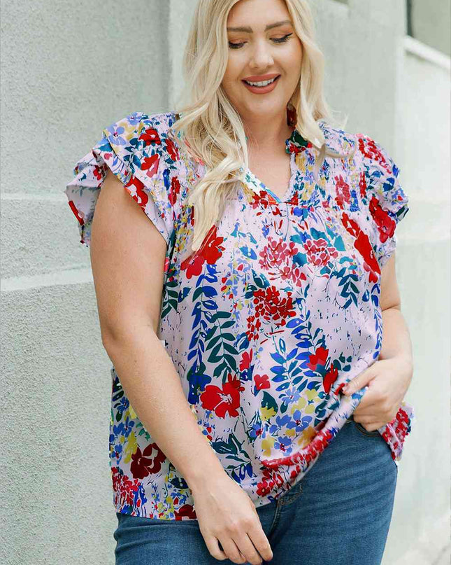 Plus Size Floral Smocked Flutter Sleeve Blouse