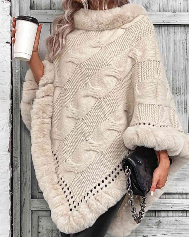 Faux Fur Trim Cable-Knit Poncho