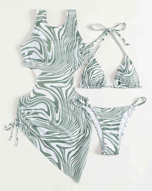 Abstract Print Tie Back Three-Piece Swim Set
