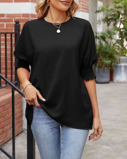 Round Neck Smocked Lantern Sleeve Blouse