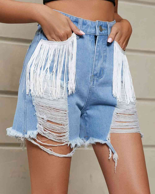 Fringe Trim Distressed Denim Shorts with Pockets