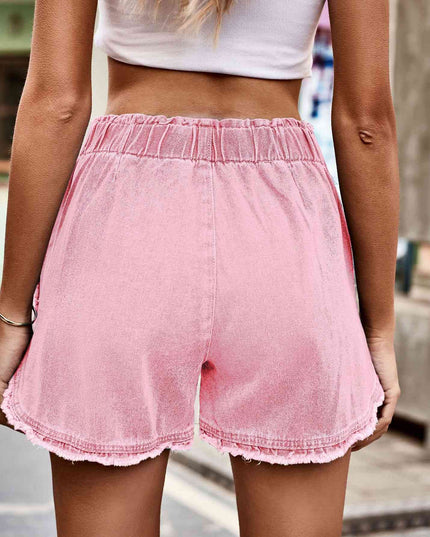 Elastic Waist Raw Hem Denim Shorts