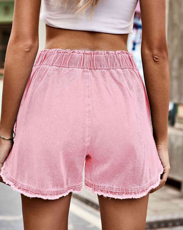 Elastic Waist Raw Hem Denim Shorts