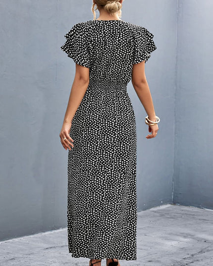 Printed Tie-Neck Flutter Sleeve Split Dress