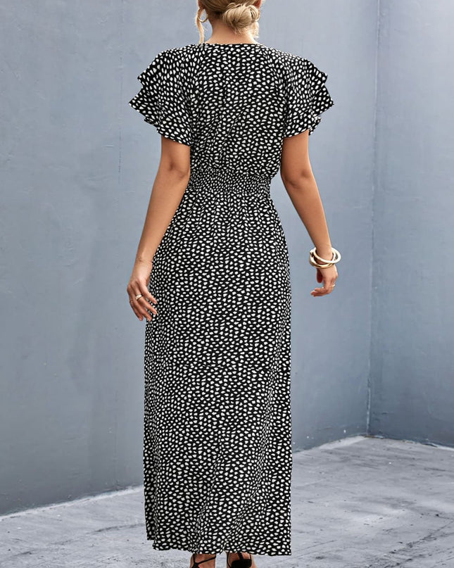 Printed Tie-Neck Flutter Sleeve Split Dress