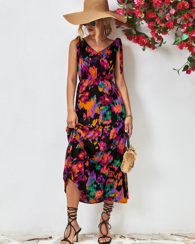 Multicolored V-Neck Backless Midi Dress
