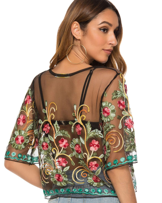 Embroidered Round Neck Sheer Blouse