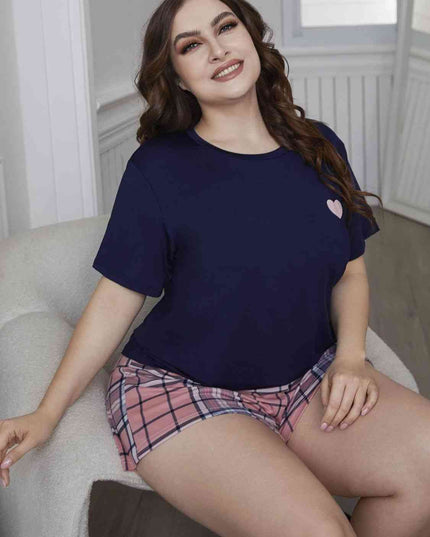 Plus Size Heart Graphic Top and Plaid Shorts Loungewear Set