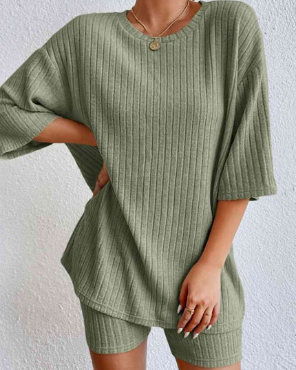 Round Neck Ribbed Top and Shorts Lounge Set
