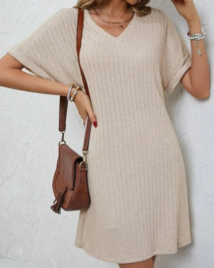 Ribbed V-Neck Short Sleeve Dress