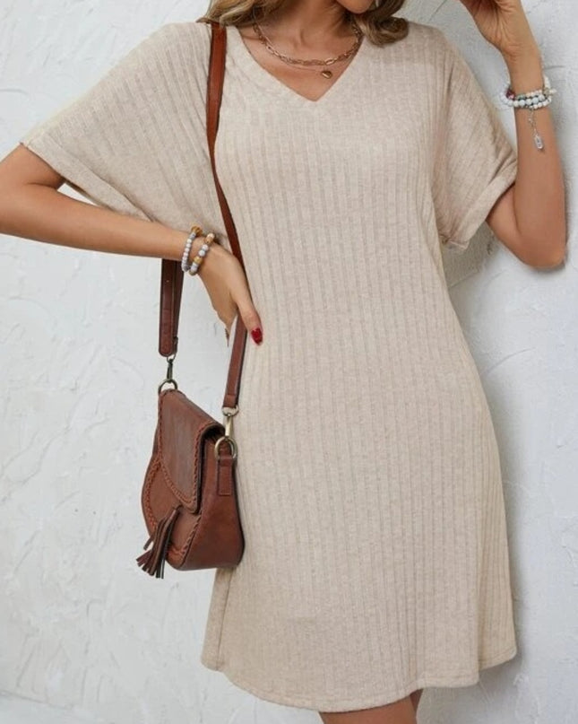 Ribbed V-Neck Short Sleeve Dress