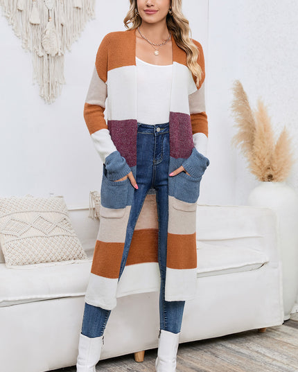 Long Color Block Open Front Pocketed Cardigan