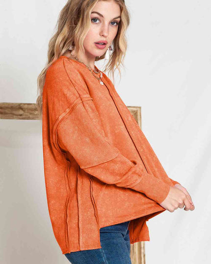 Full Size Exposed Seams Round Neck Dropped Shoulder Sweatshirt