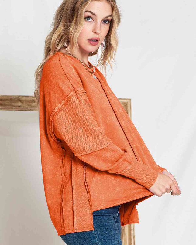 Full Size Exposed Seams Round Neck Dropped Shoulder Sweatshirt