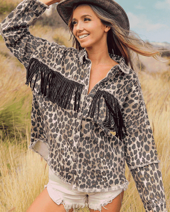 Leopard Fringe Detail Collared Neck Denim Jacket