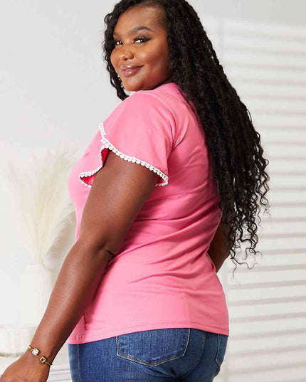 Double Take Pom-Pom Trim Flutter Sleeve Round Neck T-Shirt