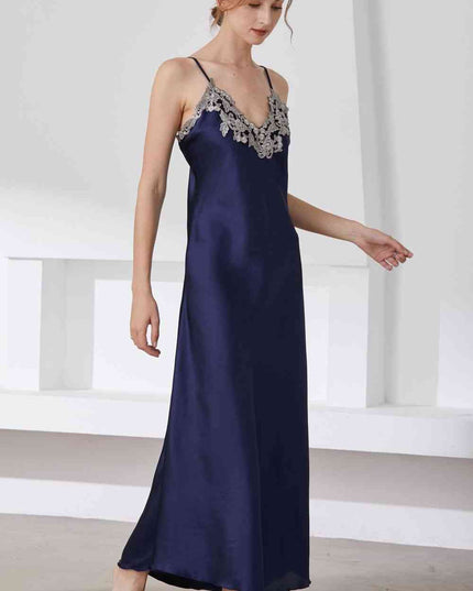 Full Size Lace Trim V-Neck Spaghetti Strap Satin Night Dress