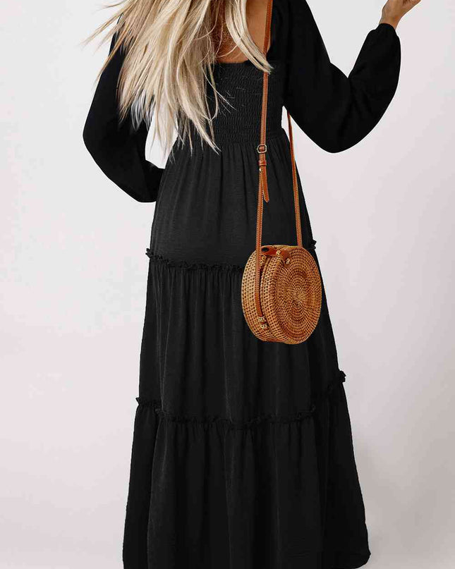 Square Neck Long Sleeve Tiered Dress