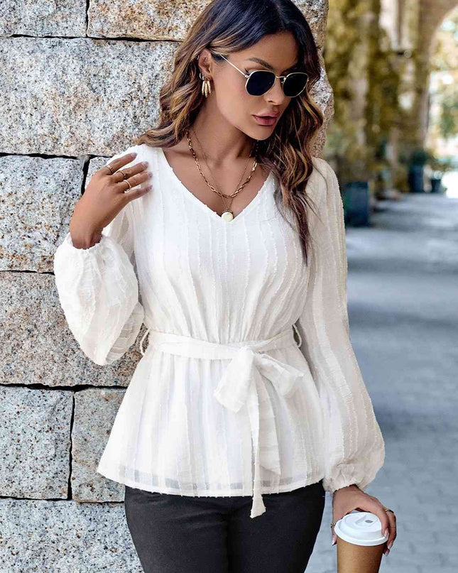 V-Neck Tie Waist Long Sleeve Blouse