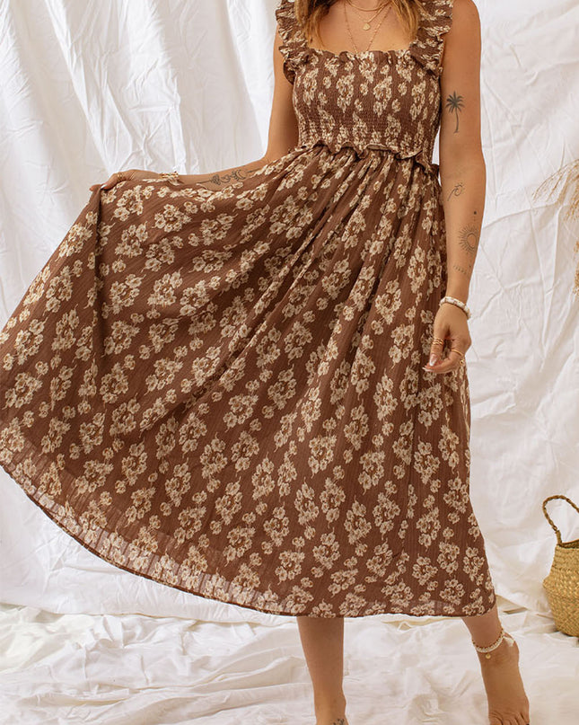 Floral Smocked Square Neck Dress