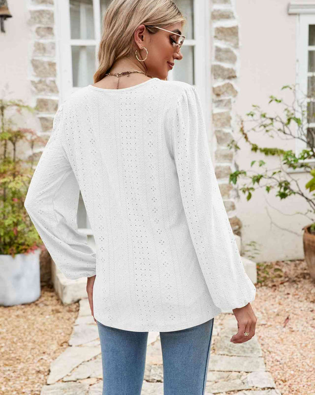 Eyelet Notched Neck Balloon Sleeve Blouse