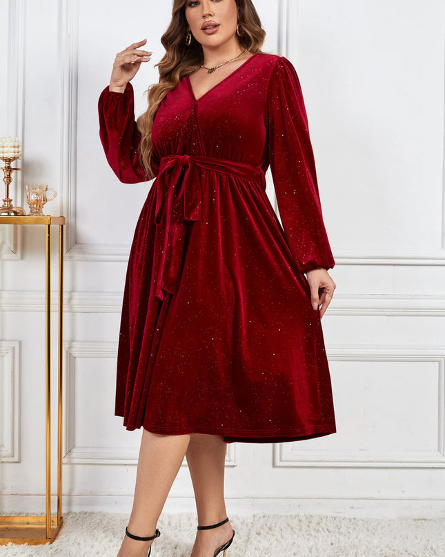 Melo Apparel Plus Size Surplice Neck Balloon Sleeve Tie Belt Midi Dress