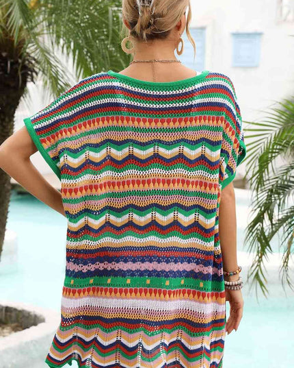 Rainbow Stripe Scalloped V-Neck Cover-Up Dress