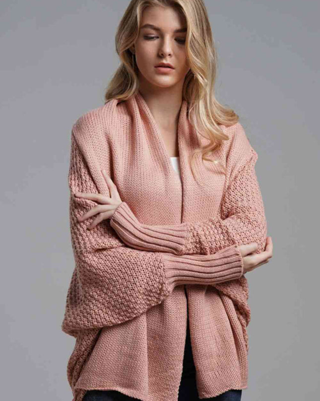 Double Take Dolman Sleeve Open Front Ribbed Trim Longline Cardigan