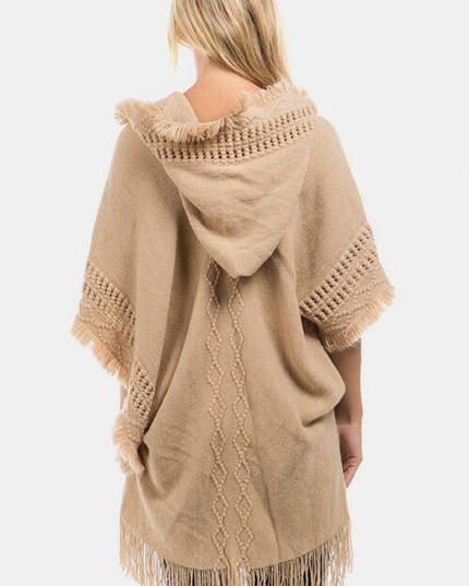 Fringed Crochet Buttoned Hooded Poncho