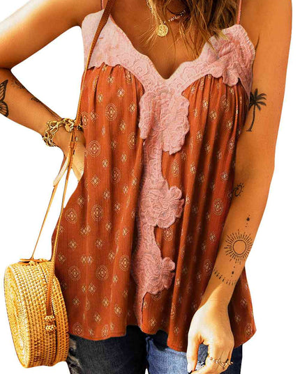 Printed Contrast Lace Trim Cami Top