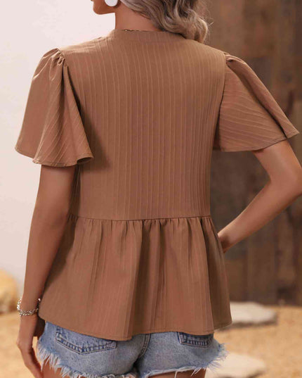Ribbed Flutter Sleeve Notched Peplum Blouse