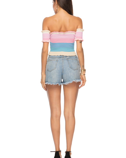 Striped Off-Shoulder Frill Hem Knit Top