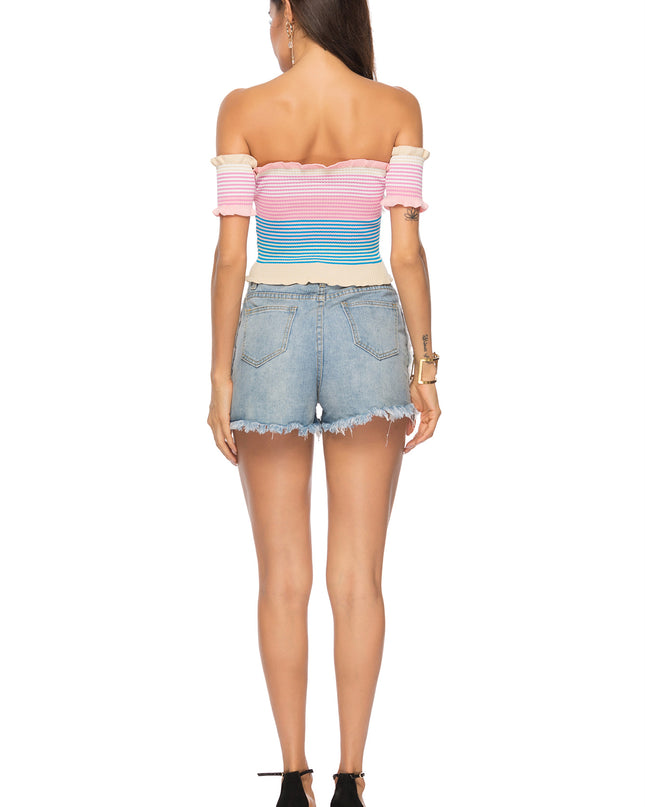 Striped Off-Shoulder Frill Hem Knit Top