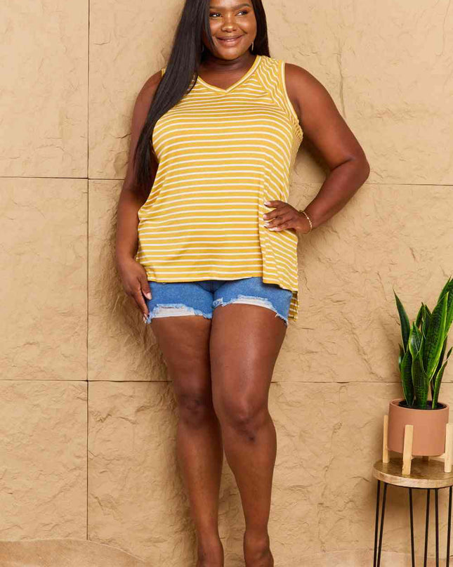 Doublju Talk To Me Full Size Striped Sleeveless V-Neck Top