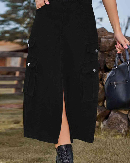 Slit Front Midi Denim Skirt with Pockets