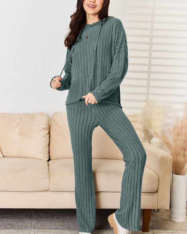 Basic Bae Full Size Ribbed Drawstring Hood Top and Straight Pants Set