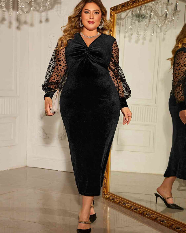 Plus Size Twist Front Lantern Sleeve Slit Dress