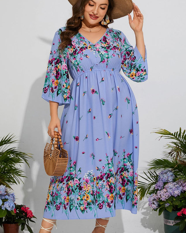 Plus Size Floral V-Neck Three-Quarter Sleeve Midi Dress