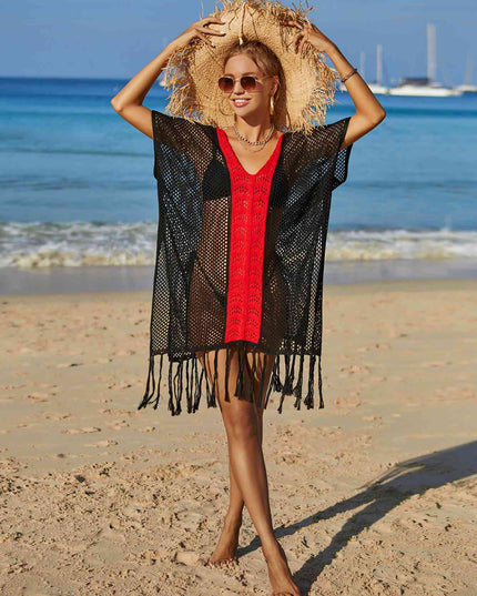 Contrast Fringe Trim Openwork Cover-Up Dress
