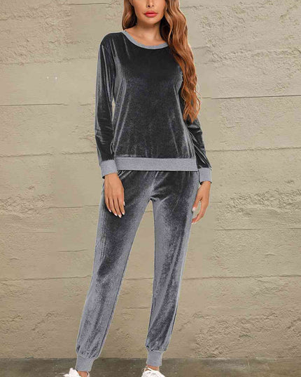 Round Neck Long Sleeve Loungewear Set with Pockets