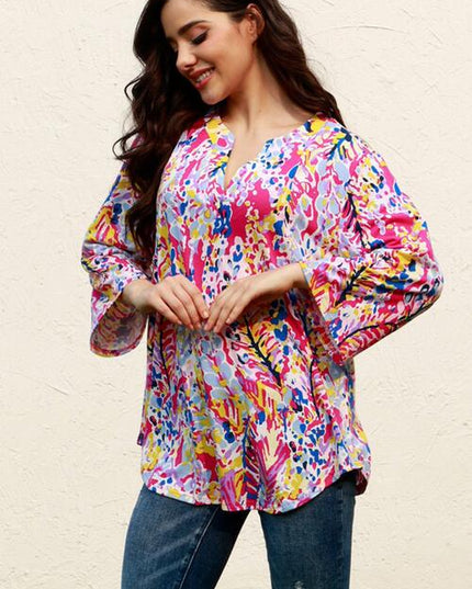 Plus Size Printed Notched Long Sleeve Blouse