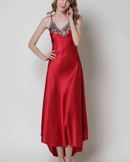 Full Size Lace Trim V-Neck Spaghetti Strap Satin Night Dress