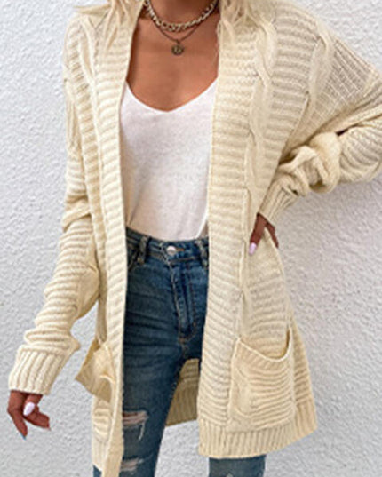 Cable-Knit Open Front Cardigan with Pockets