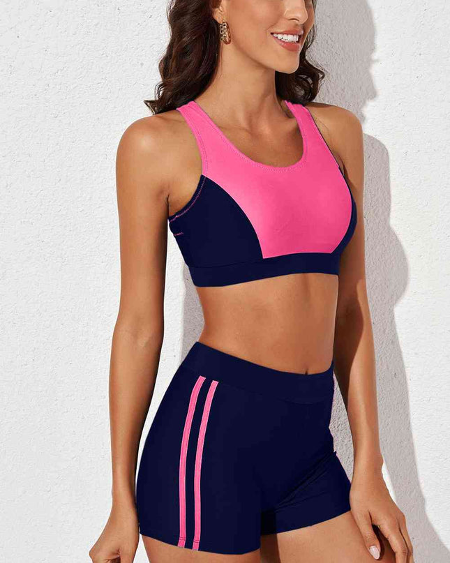 Printed Scoop Neck Back Crisscross Swim Set