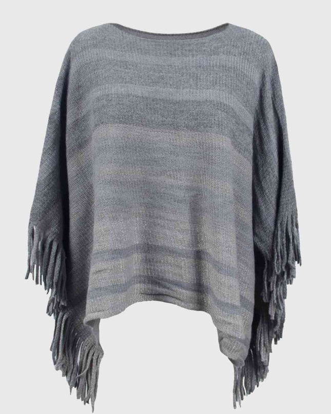 Striped Boat Neck Poncho with Fringes