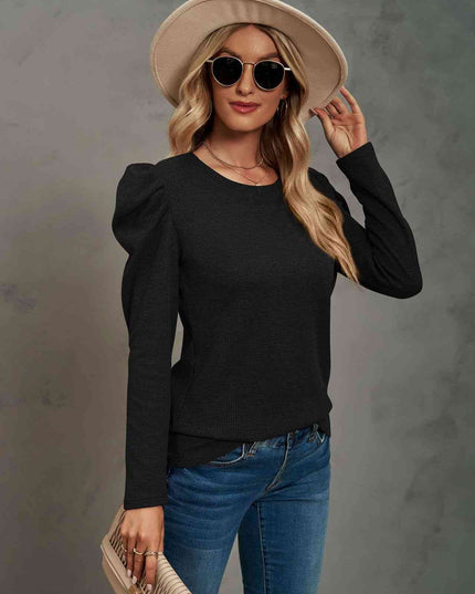 Waffle-Knit Puff Sleeve Round Neck Top